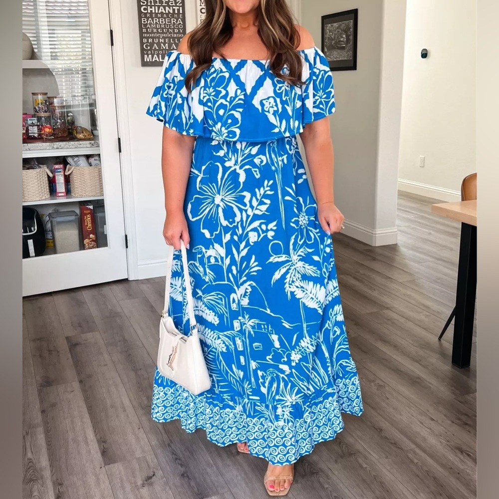 Petal and Pup Blue and White Floral Off-Shoulder Maxi Dress Harper